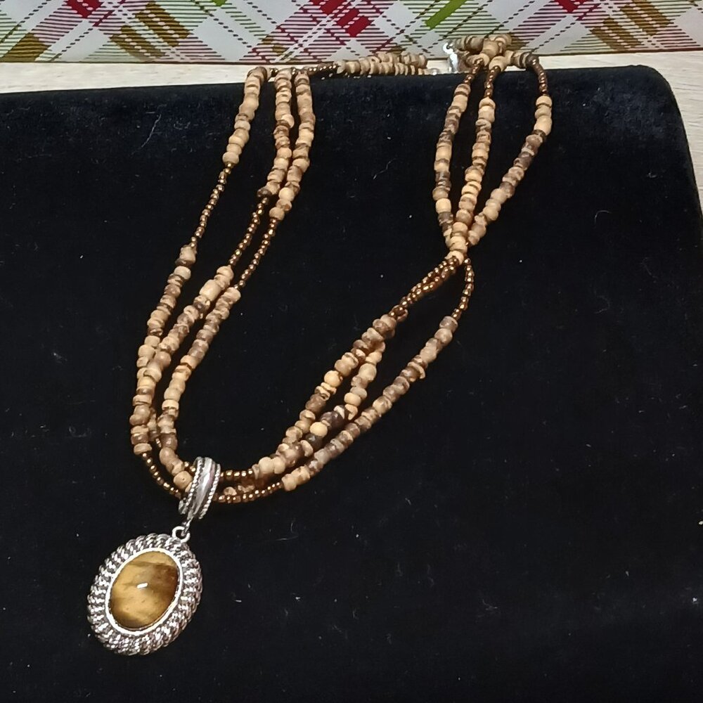 Vintage Silver Plated Avon Tiger's Eye Beaded Costume Jewelry Necklace #63